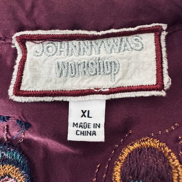 Johnny Was Workshop XL Purple Silk Peacock Quito Blouse Embroidery Button V Neck - Picture 10 of 12